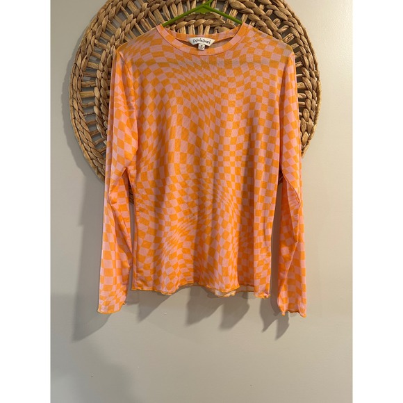 DAVI & DANI Tops - Davi & Dani Pink Orange Psychedelic Warped Checkered Mesh Long Sleeve Top Medium